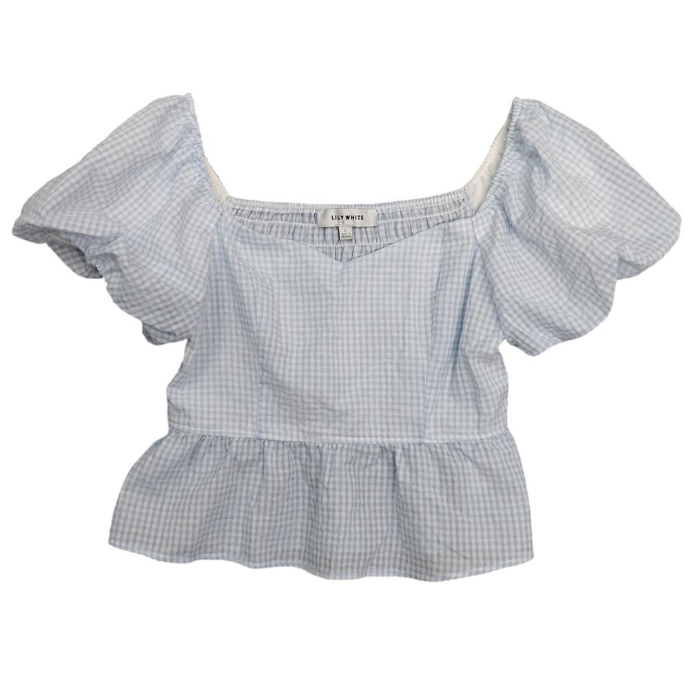 Fracesca's NWT Lily White Top Size L Gingham Light Blue Puffy Short Sleeves